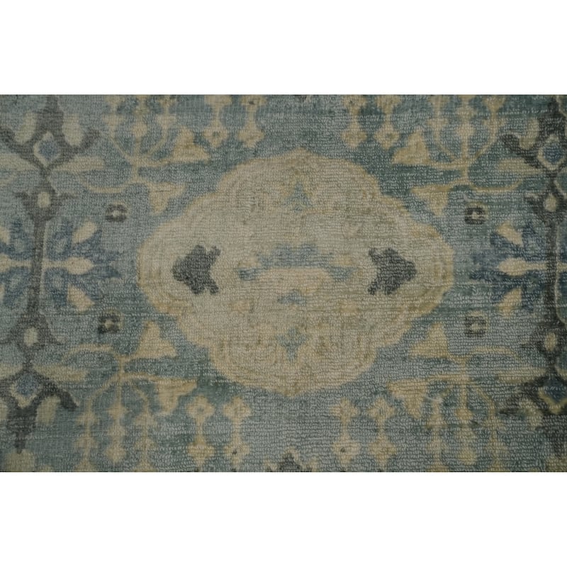 Hand-knotted Transitional Silk Carpet Blue Oushak Rug Geometric Oriental Area Rug - 9' 10'' X 6' 6''