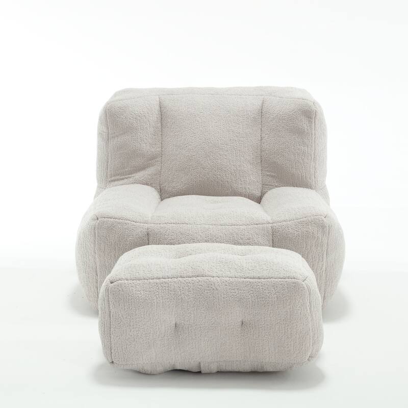 Fluffy Bean Bag Chair with Memory Foam and Ottoman, Super Soft Velvet Bean Bag for Adults & Kids, Comfortable Lazy Sofa