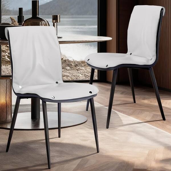 Set of 2 White Upholstered Faux Leather Dining Chairs with Sturdy Metal ...