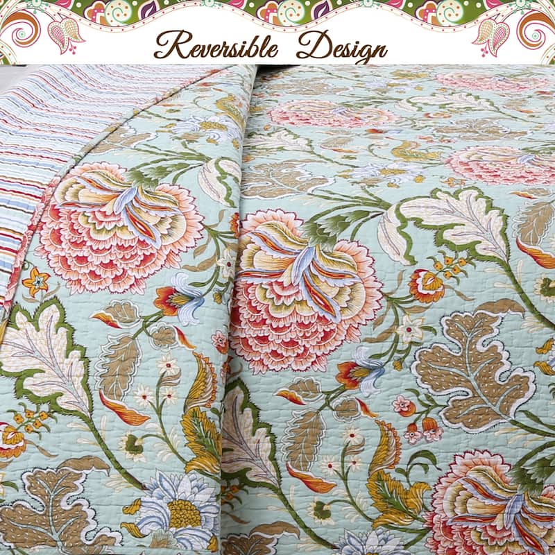 Cozy Line Aregada Floral Cotton 3-piece Reversible Quilt Bedding Set