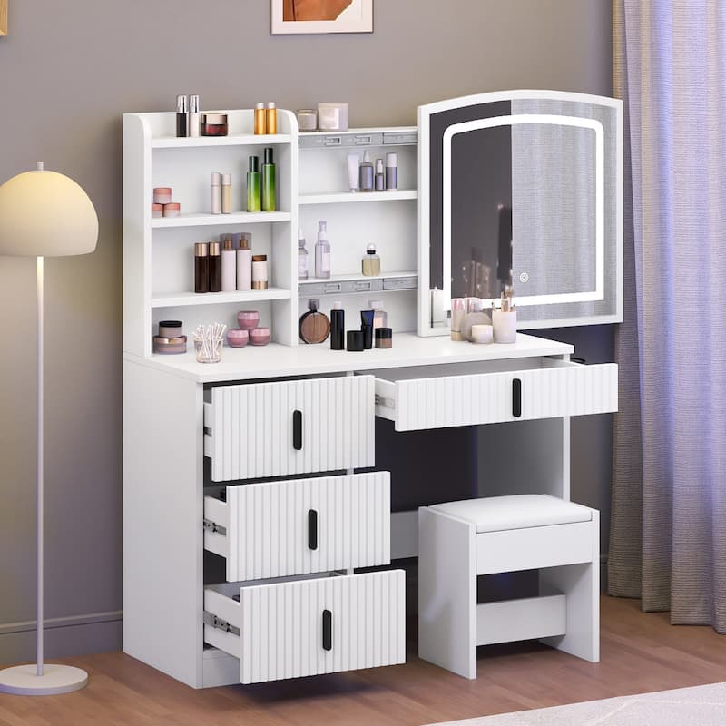 Moasis 4-Drawer Bedroom Makeup Vanity Table Set with Charging Station and LED Lighted Mirror & Stool