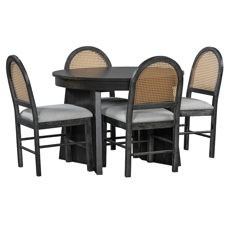 5 Piece Round Extendable Dining Table Set with 4 Upholstered Chairs
