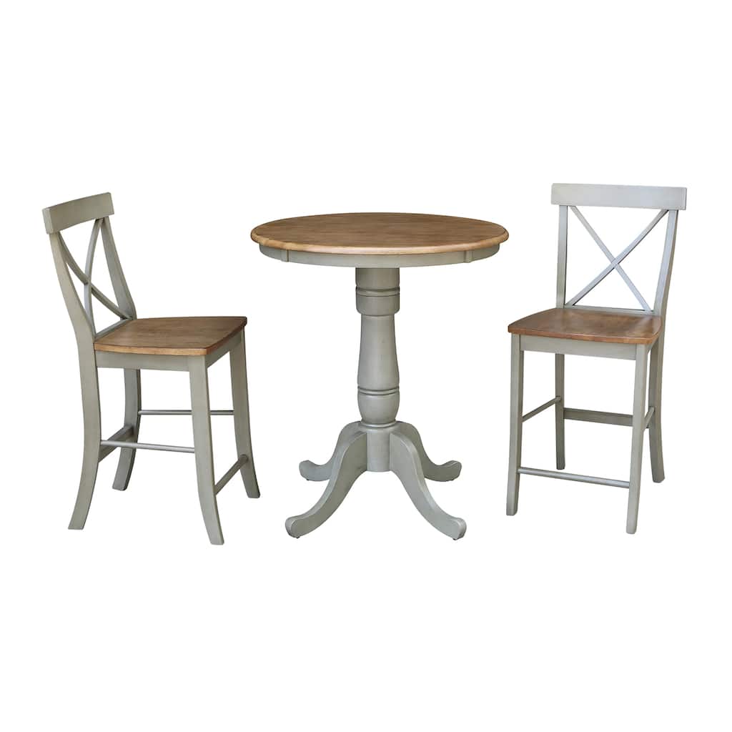 30" Round Pedestal Gathering Height Table With 2 X-Back Counter Height Stools - Set of 3 Pieces