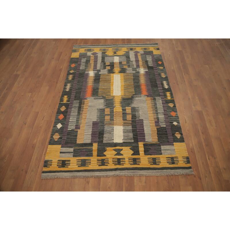 Hand Woven Oriental 100% Wool Carpet Southwestern Tribal Greys & Charcoal Kilim Area Rug - 5' 8'' X 3' 8''