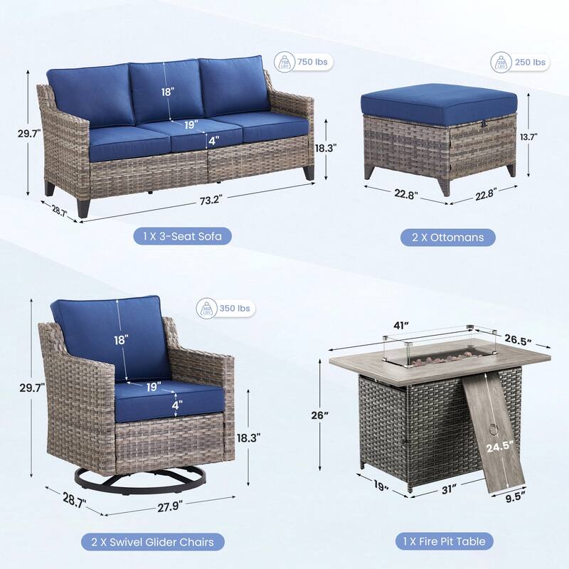 Pocassy 6 Pieces Outdoor Sofa Siwvel Chair Ottoman w/ Fire Table