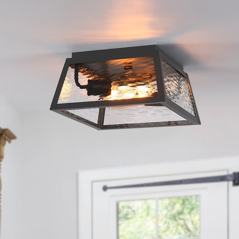 2-Light Black Outdoor Farmhouse Flush Mount Ceiling Light with Clear Water Glass - 11''W