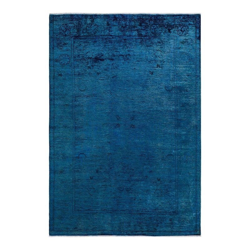 Overton Hand Knotted Wool Vintage Inspired Modern Contemporary Overdyed Blue Area Rug - 6' 1" x 9' 6"