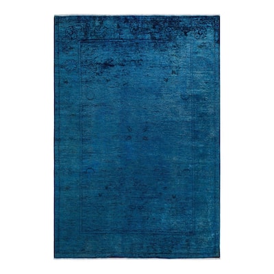 Overton Hand Knotted Wool Vintage Inspired Modern Contemporary Overdyed Blue Area Rug - 6' 1" x 9' 6"