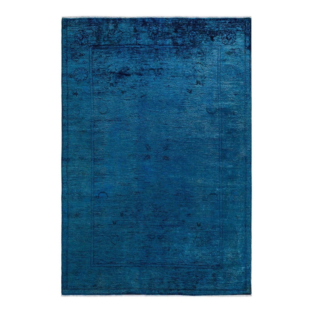 Overton Hand Knotted Wool Vintage Inspired Modern Contemporary Overdyed Blue Area Rug - 6' 1" x 9' 6"