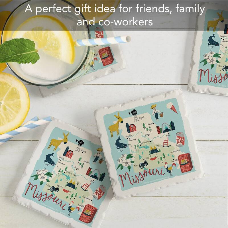 Missouri Home 4-Pack Absorbent Stone Coasters with Protective Cork Backing 4" Square Made in The USA Artistic Easily Wipes Clean