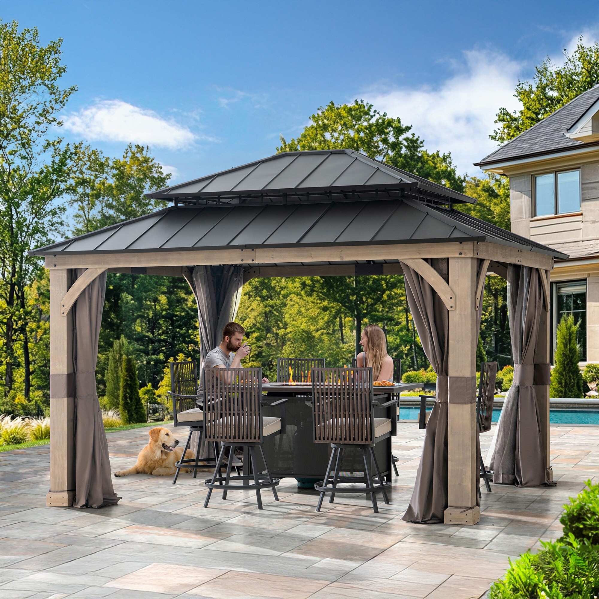Sunjoy 13' x 11' Wood Hardtop Gazebo with Customizable Nettings