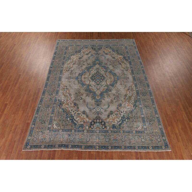 Distressed Tabriz Vintage Persian Area Rug Handmade Wool Carpet - 9'3" x 12'10"
