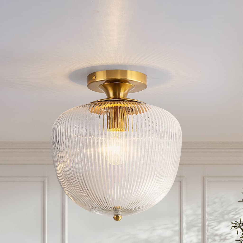 1-Light Vintage Industrial Ribbed Glass & Brass Flush Mount Ceiling Light for Bedroom - 1 Light