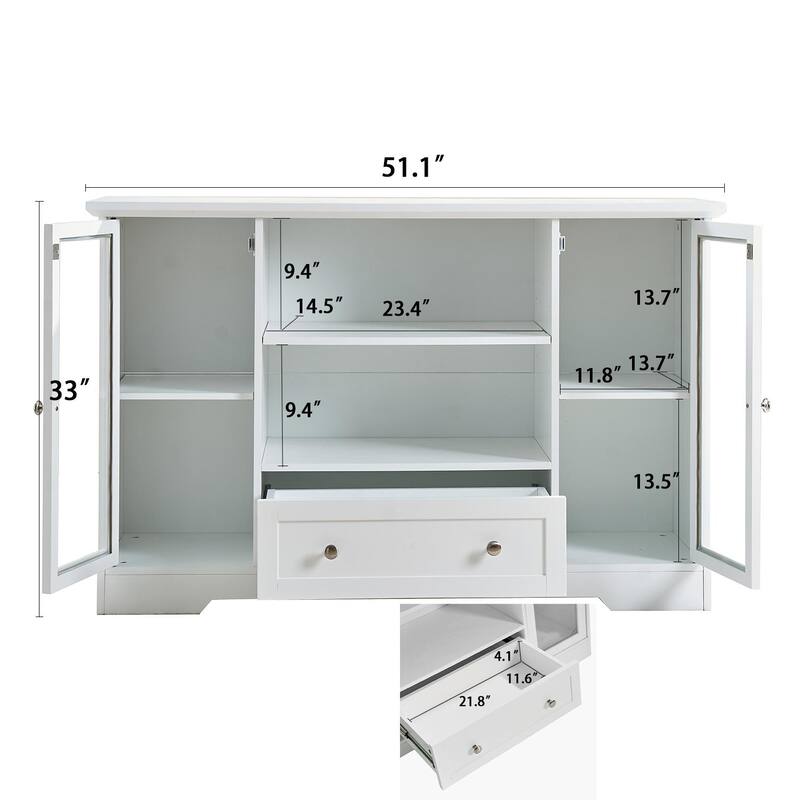 Sideboard Cabinet with 2 Glass Doors & 1 Drawer, Large Kitchen Storage Cabinet, Wooden Coffee Bar with Adjustable Shelves