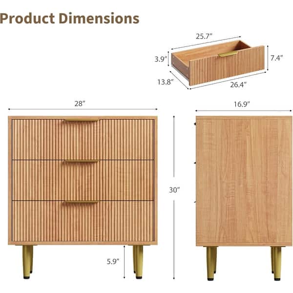 dimension image slide 8 of 15, Modern Natural Wood Color Fluted Dresser, Wooden Chest with Gold Metal Handles & Legs