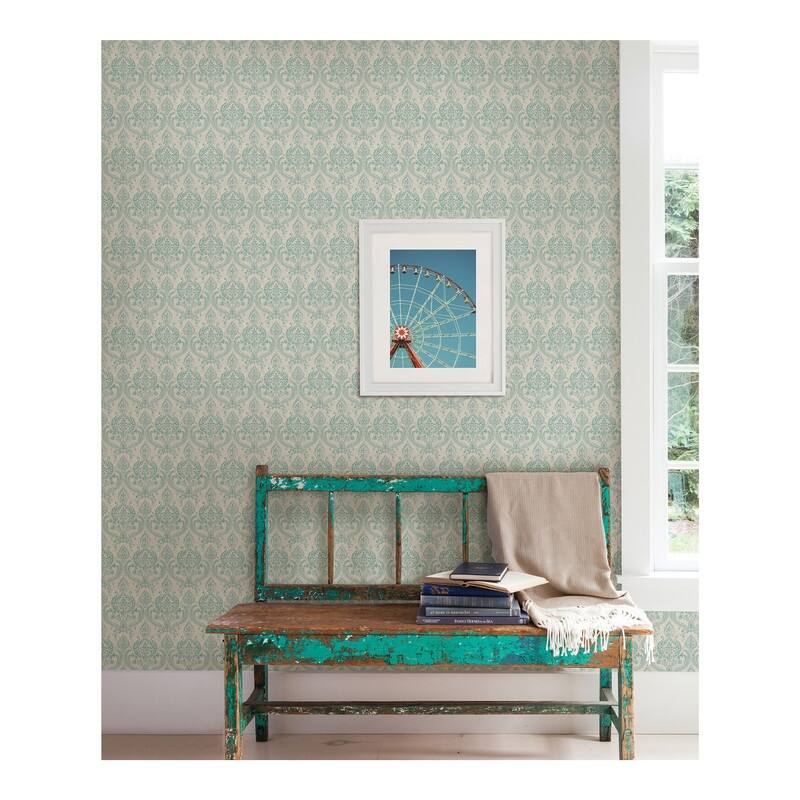 Waverly Turquoise Petite Damask Wallpaper - 20.5in x 396in x 0.025in