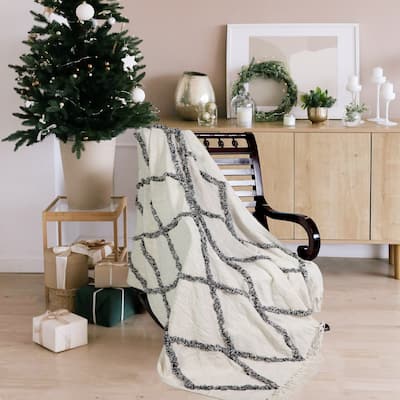 Sevita Crossed Over Charcoal and Ivory Fringed Cotton Standard Size Throw Blanket