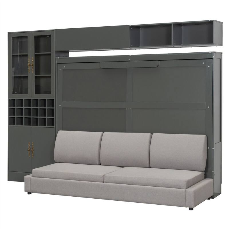 Full/Queen Size Murphy Wall Bed with Sofa, Light and USB Ports, Space Saving Foldable Murphy Cabinet Bed w/ Wine Rack & Shelves
