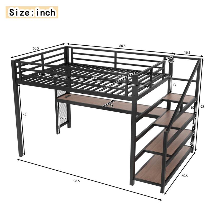 Queen Size Loft Bed Frame with Built-in Desk, Storage Stairs, LED Lights, Charging Station and Multifunctional Iron Nets