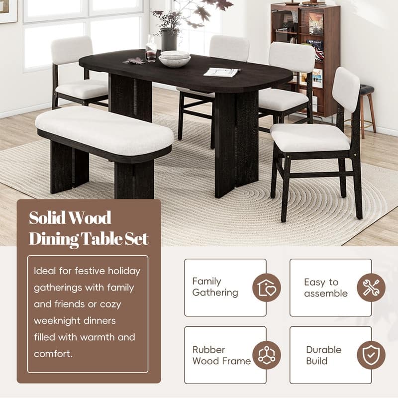Farmhouse 6-Piece Dining Table Set, Solid Wood Dining Table and 4 Upholstered Chairs & 1 Bench