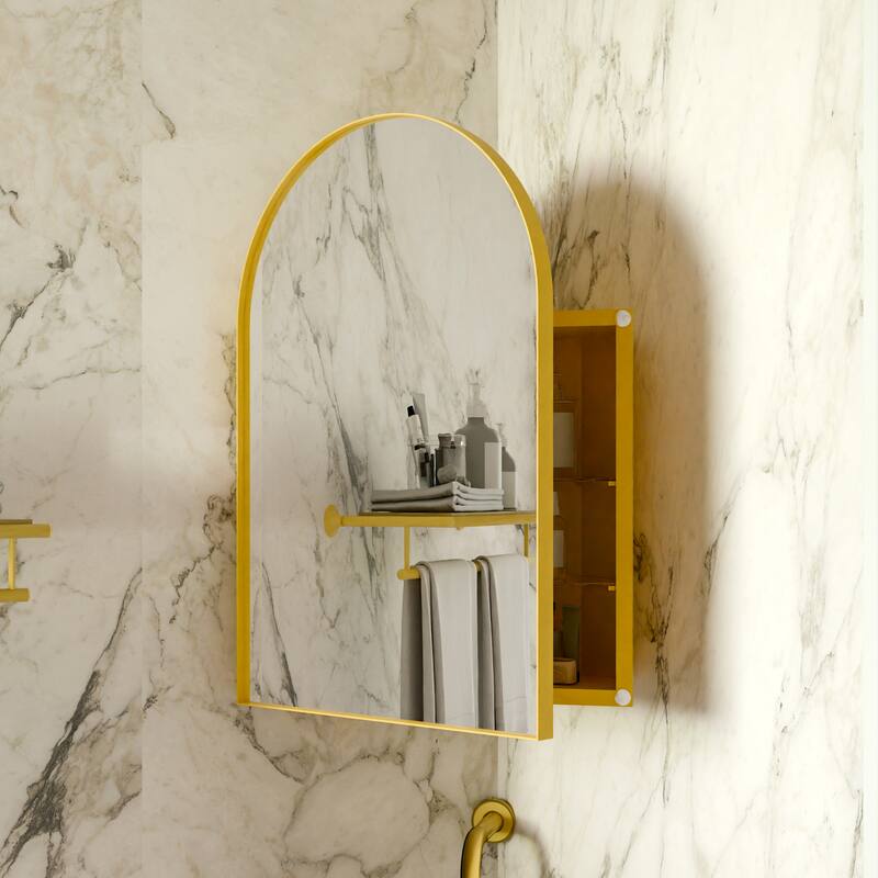 18x24 Inch Metal Corner Medicine Cabinet with Arched Mirror, Adjustable Glass Shelves, Space-Saving Bathroom Storage - Golden