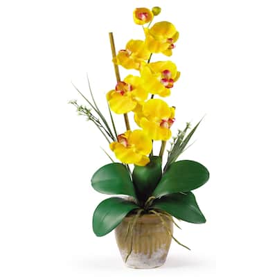Silk Orchid Arrangement Yellow Flowers Ceramic Pot Home Decor 21 Inch