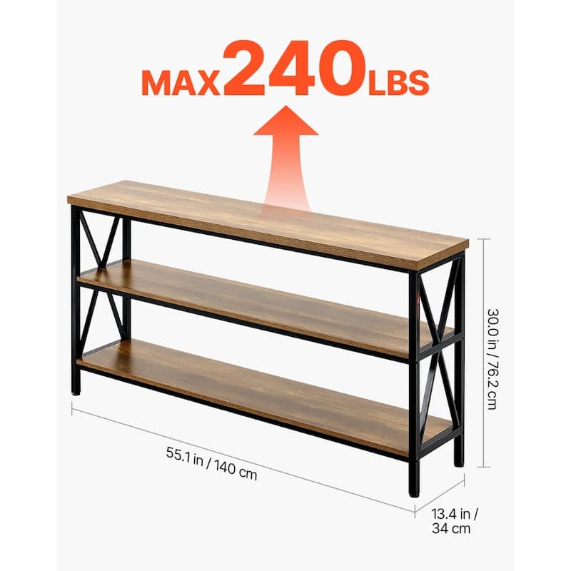 Brown Black MDF Metal Console Table, 3-Tier Long Hallway Table 240 lbs Top Load Capacity - 55.1” L x 13.4” W x 30.0” H