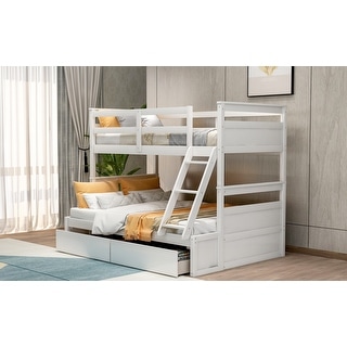 Modern Design Wood Bunk Bed with Ladder, Guardrail and Two Drawers, Sturdy Frame, Safety Guaranteed, White