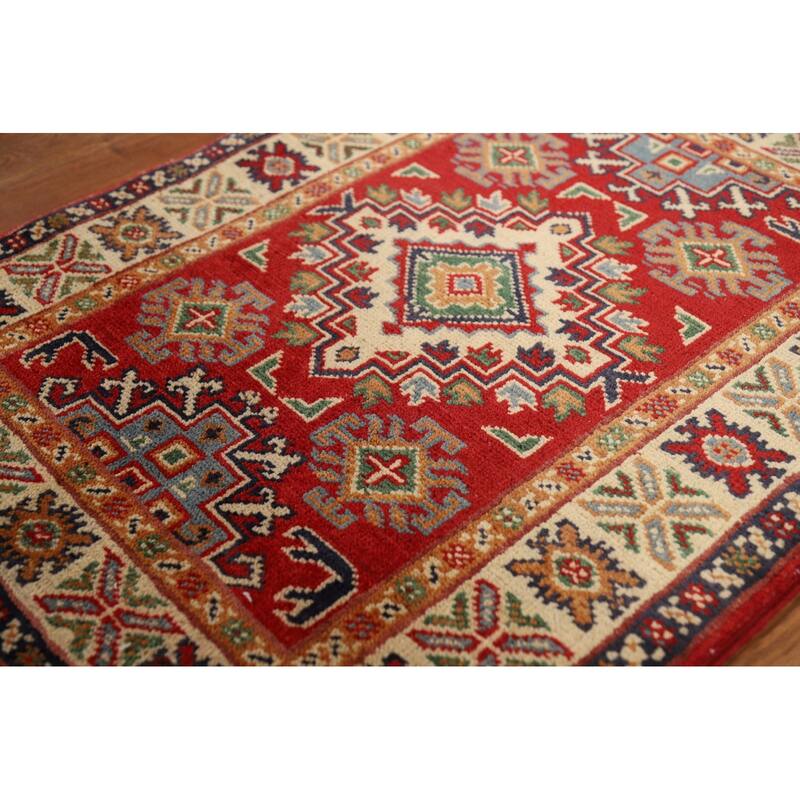 Red Geometric Kazak Accent Rug Handmade Traditional Wool Carpet - 2'0" x 3'0"
