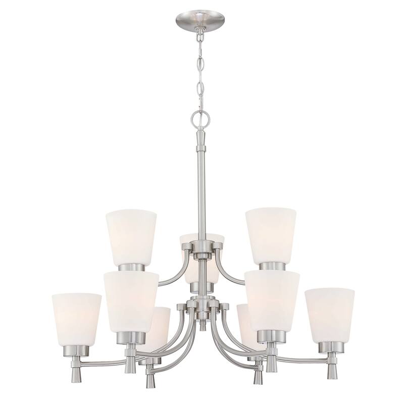 9-Light Brushed Nickel Chandelier With Satin Etched Opal Glass Shades