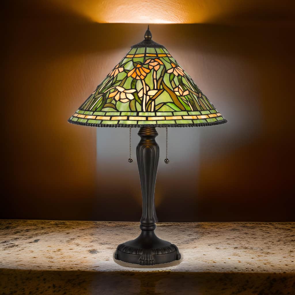 24 Inch Table Lamp, Floral Tiffany Style Stained Glass, Bronze Resin