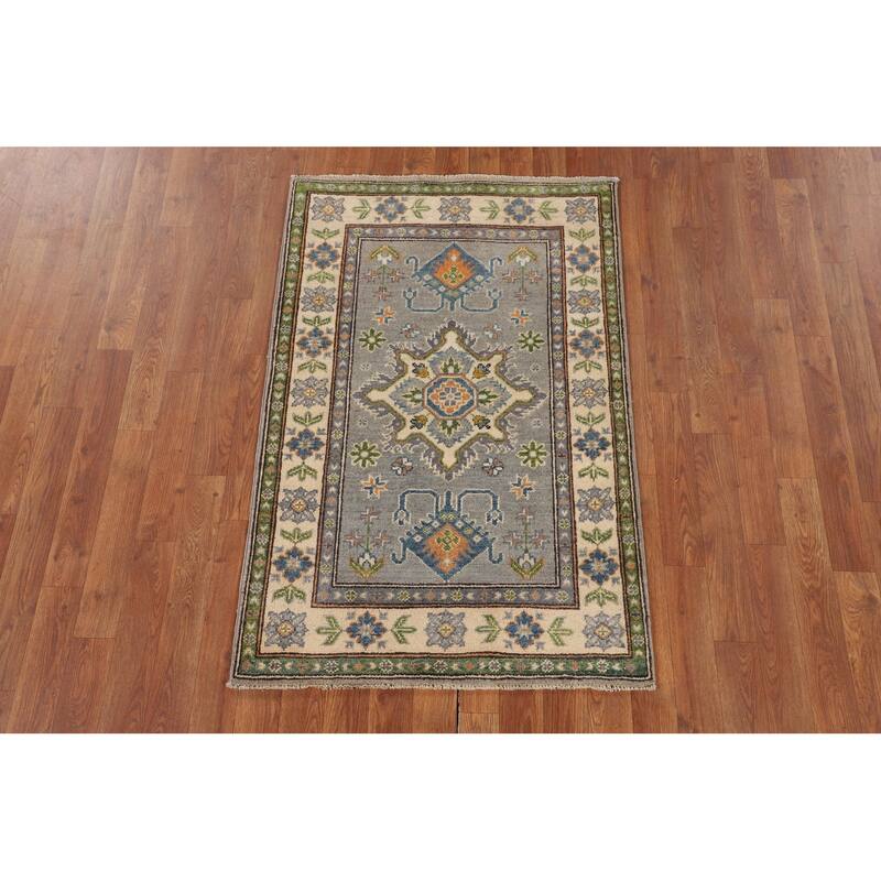 Gray Geometric Kazak Oriental Accent Rug Handmade Foyer Wool Carpet - 2'8" x 4'1"