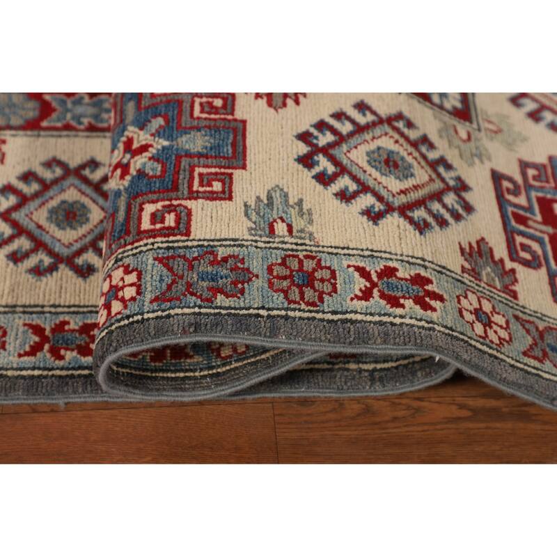 Hand Knotted Oriental 100% Wool Carpet Traditional Geometric Greys & Charcoal Kazak Area Rug - 9' 6'' X 6' 11''