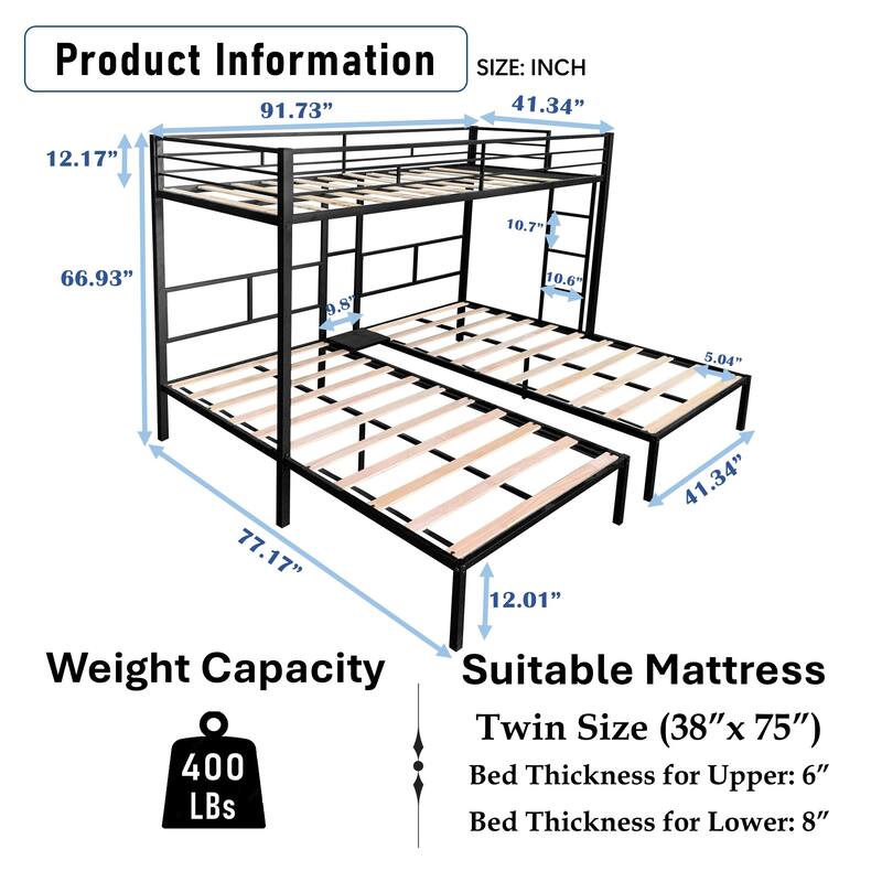 Twin size Steel L-Shaped Triple Bunk Bed with Wooden Slats, Built-in Side Table and 400LB Weight Capacity