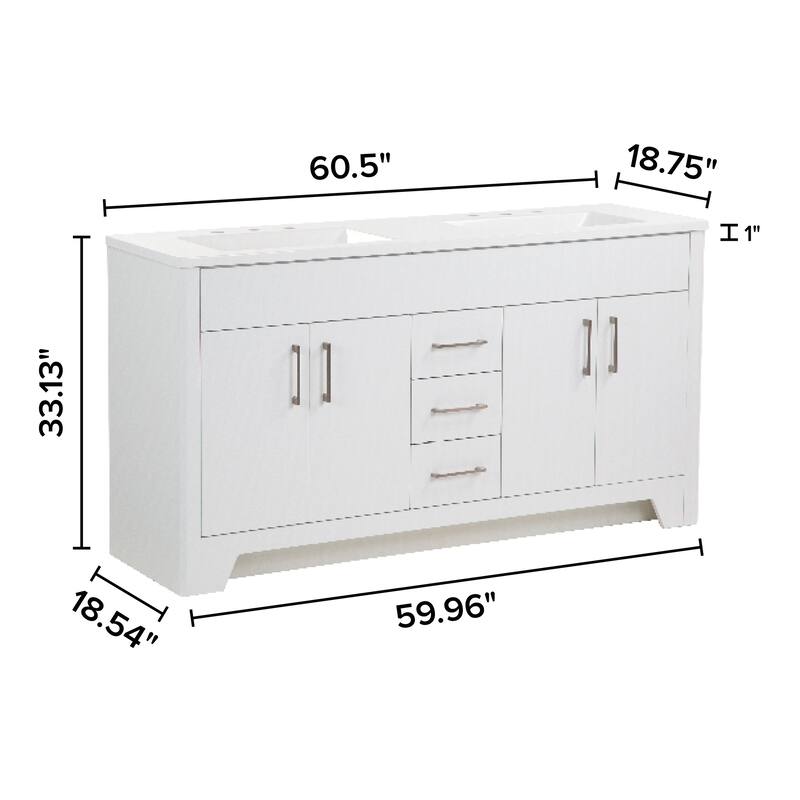 Spring Mill Cabinets Salil 60" Double-Sink Vanity With 2 Cabinets, 3 Drawers, and White Sink Top