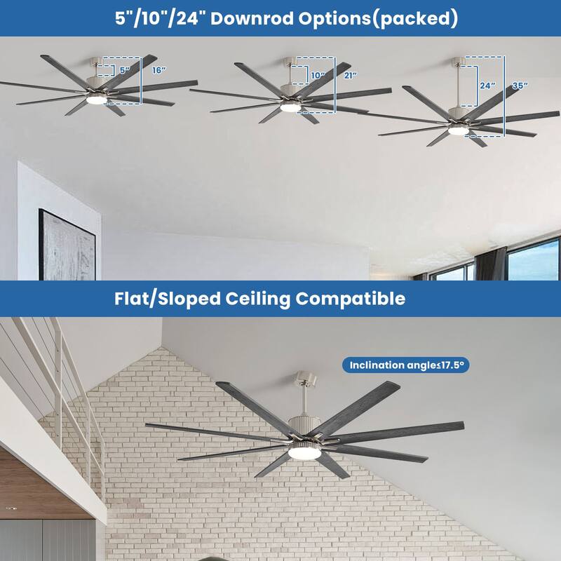 76 Inch Ceiling Fan with Light and Remote,8 Solid Wood Blades,Smart Control,Reversible Airflow - 76 inch
