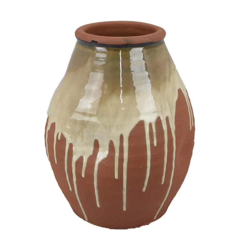 Accent Vase, Ceramic Drip Design Creamy Beige, Brown Ceramic, 12 Inch
