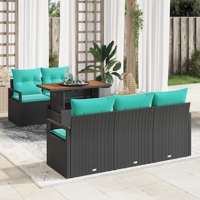 vidaXL 6 Piece Garden Sofa Set with Cushions Black Poly Rattan - 68.9×24.4×27.2