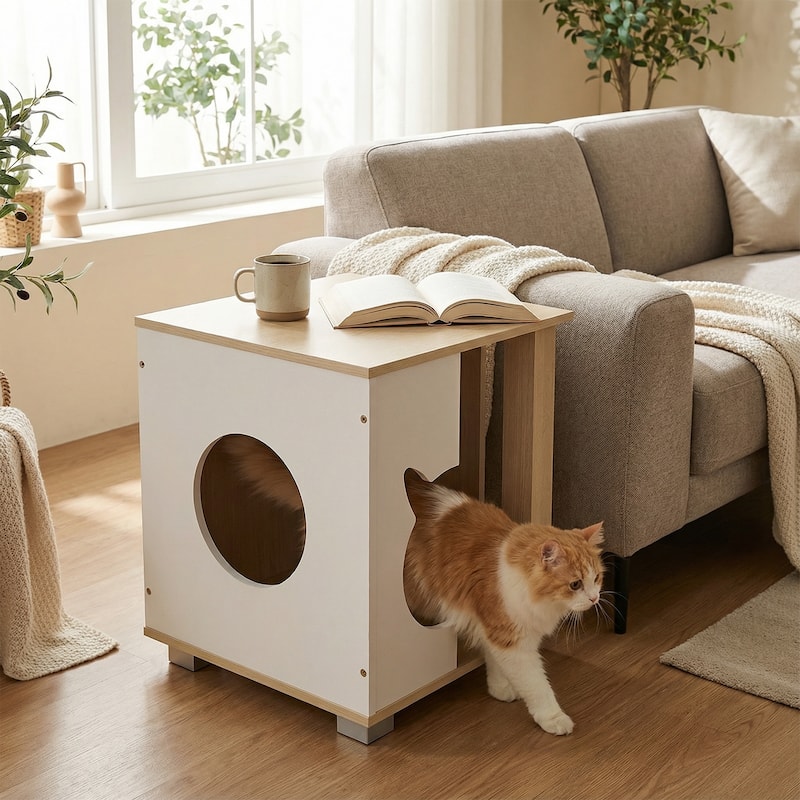 Gymax Cat Bed Side Table w/Head-shaped Entry & Metal Legs Modern End