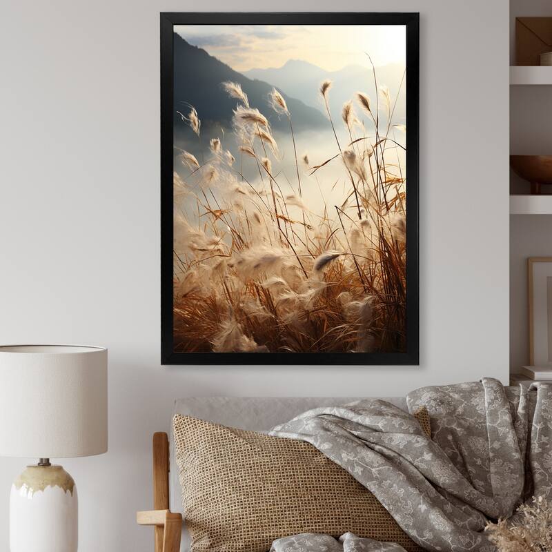 Designart "Ivory Island Meadows Mountain View" Palms & Palm Trees Framed Canvas Prints - 34 in. wide x 44 in. high - Black