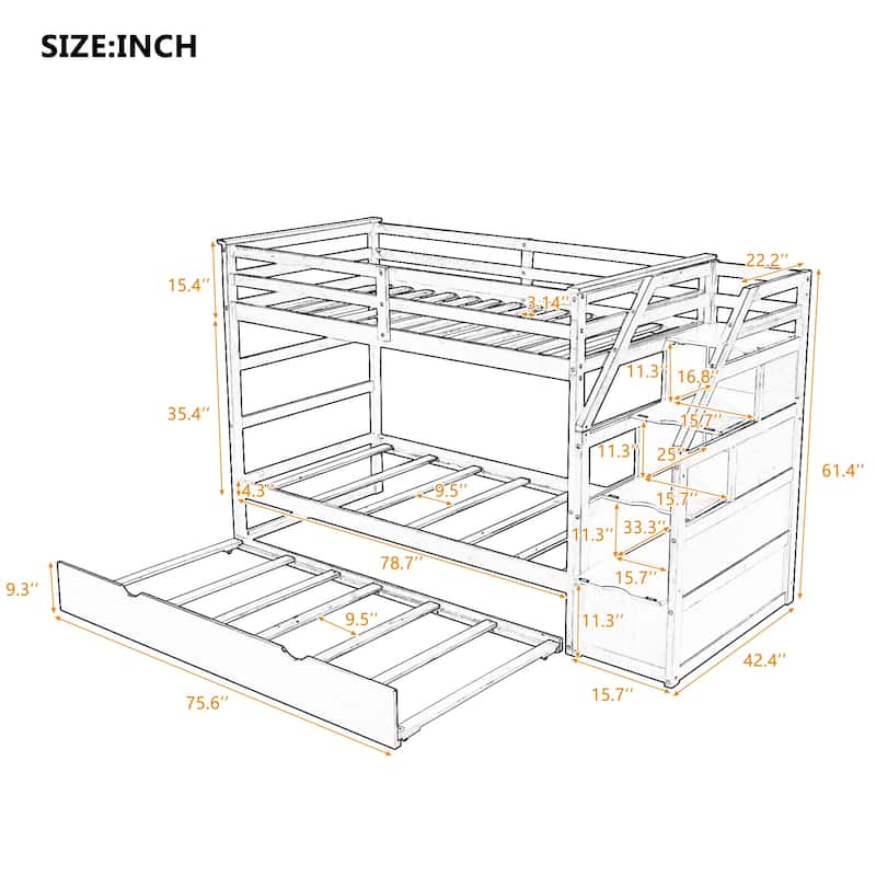 Twin Over Twin Bunk Bed with Trundle & 3 Storage Staircase, Pine Wood