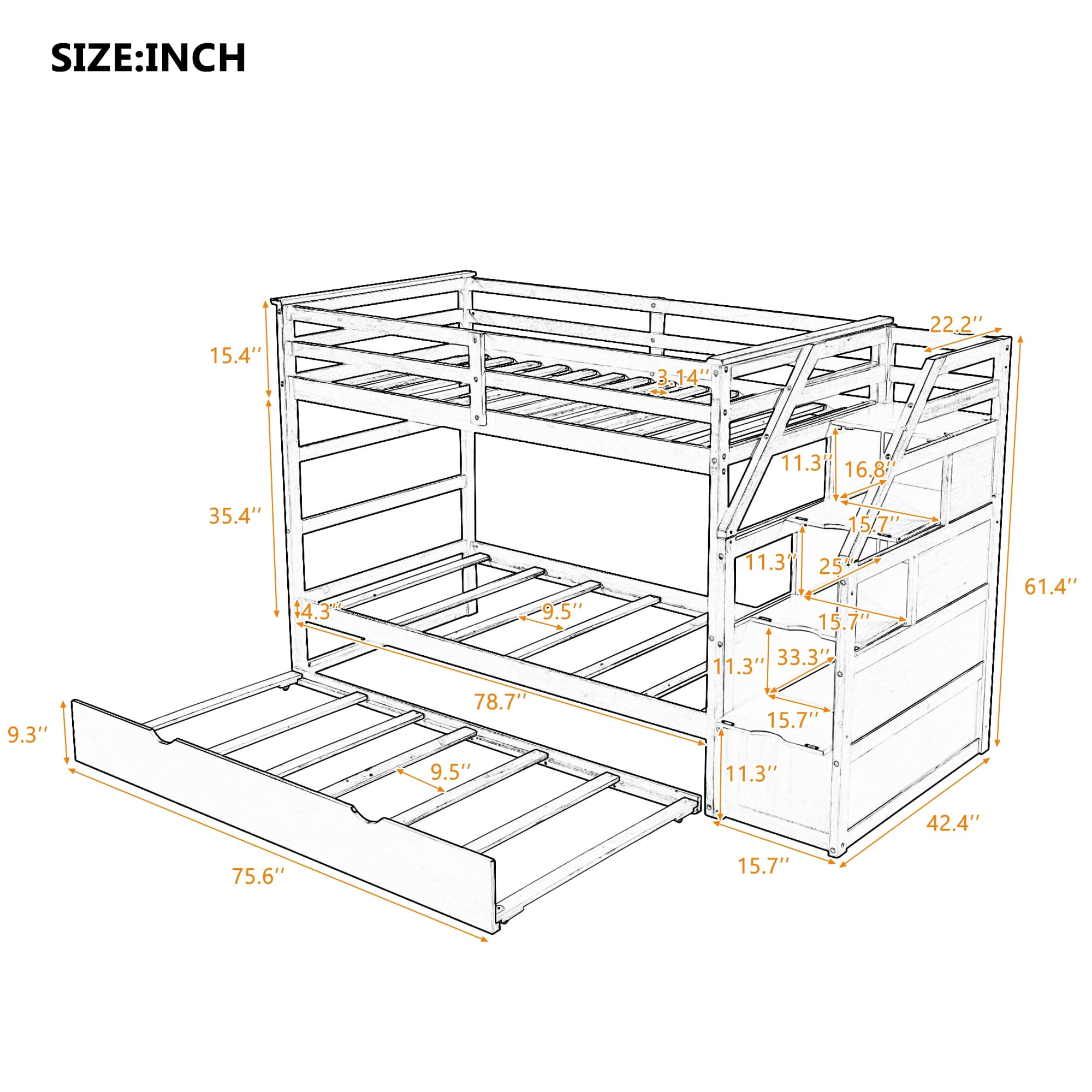 TwinOverTwin Bunk Bed with Twin Size Trundle and 3 Storage Stairs