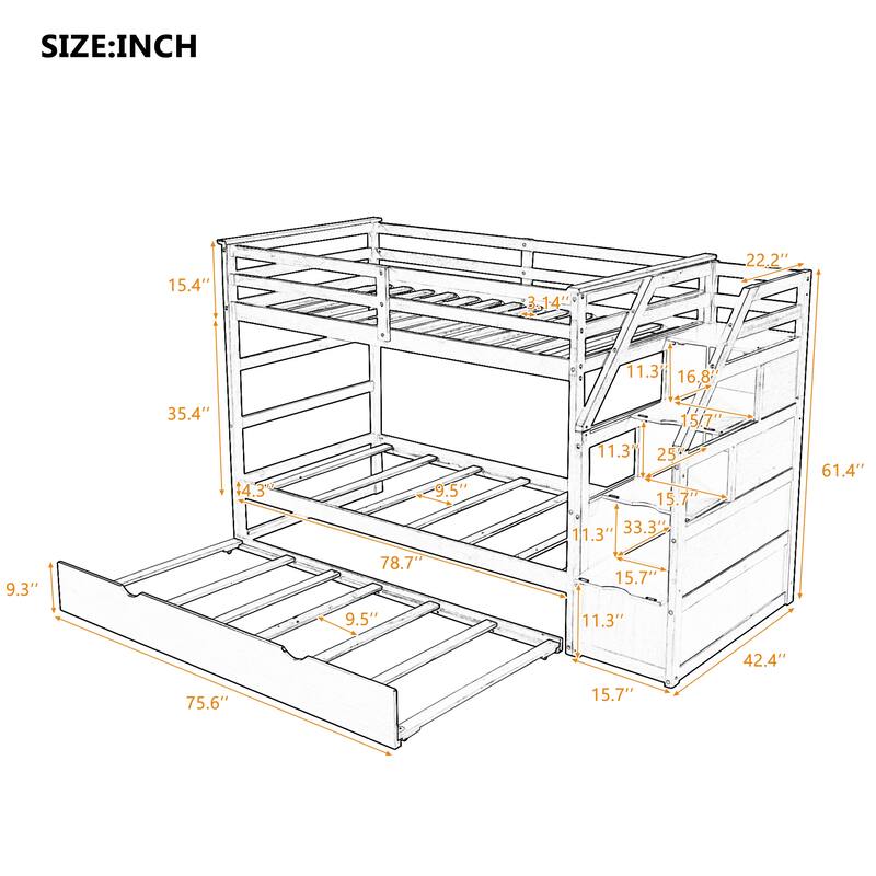 Wooden Twin-Over-Twin Bunk Bed with Pull-Out Trundle and 3 Storage Stairs
