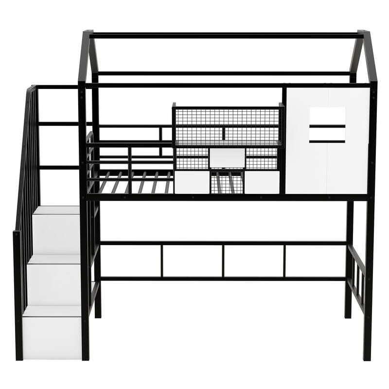 Metal Loft Bed for Kids with Roof Design, Storage Box, and Guardrails - Twin Size, Perfect for Small Spaces