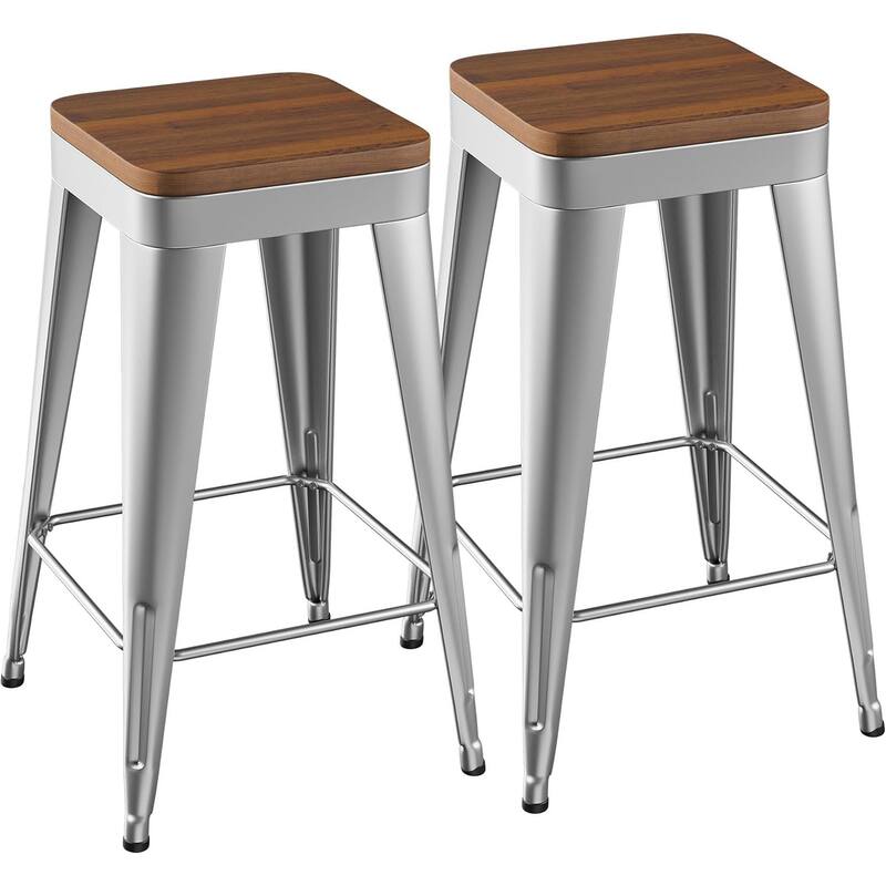 Counter & Bar Stools with Metal Frame Kitchen Stools Backless Kitchen Bar Furniture Stools with Square Wooden Seat - Silver - Set of 2 - Bar Height