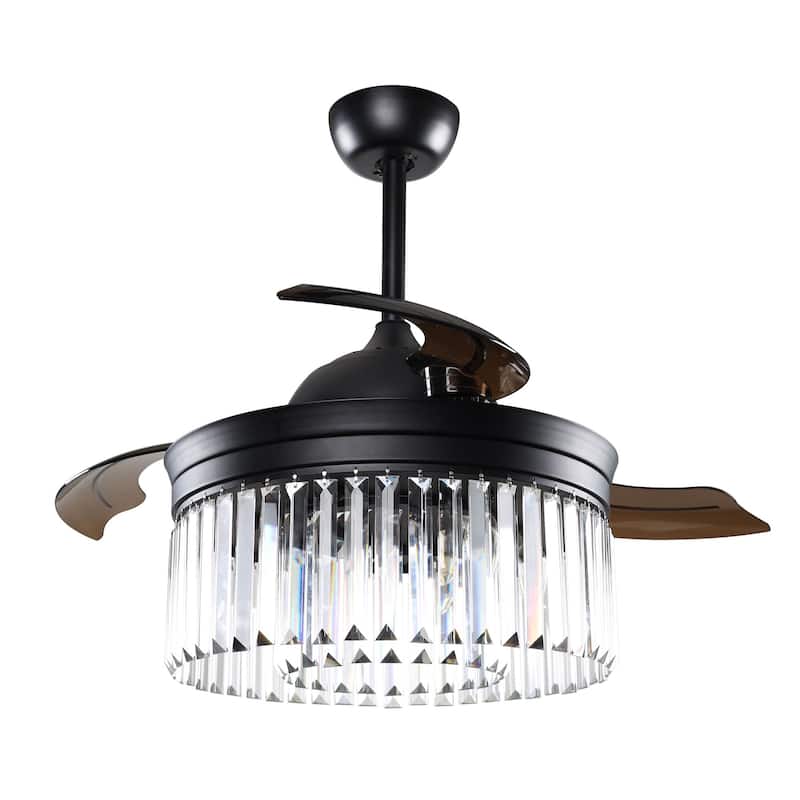 Modern 3-Blade 6-Light Matte Black Retractable Crystal Ceiling Fan with Remote and Light Kit - 42-in D