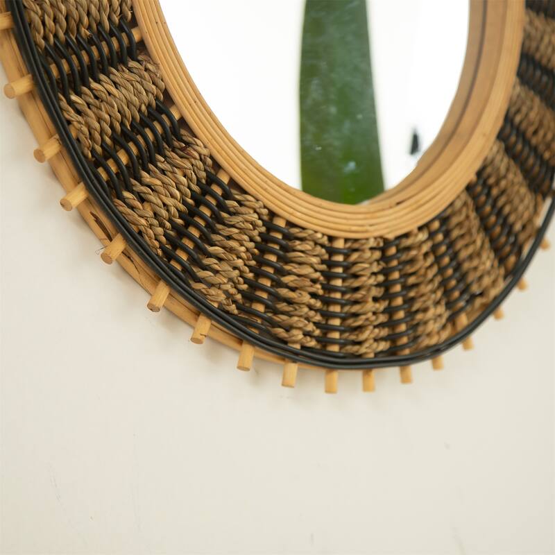 23" Round Bamboo Wall Mirror with Light Yellow & Black Hemp Rope