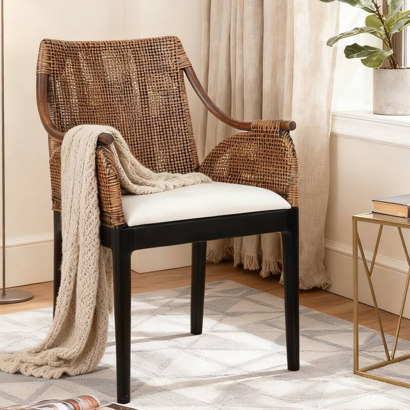 Boho 18" W Rattan Upholstered Armchair for Dining or Lounge Spaces - Single - Natural Blackwash Black