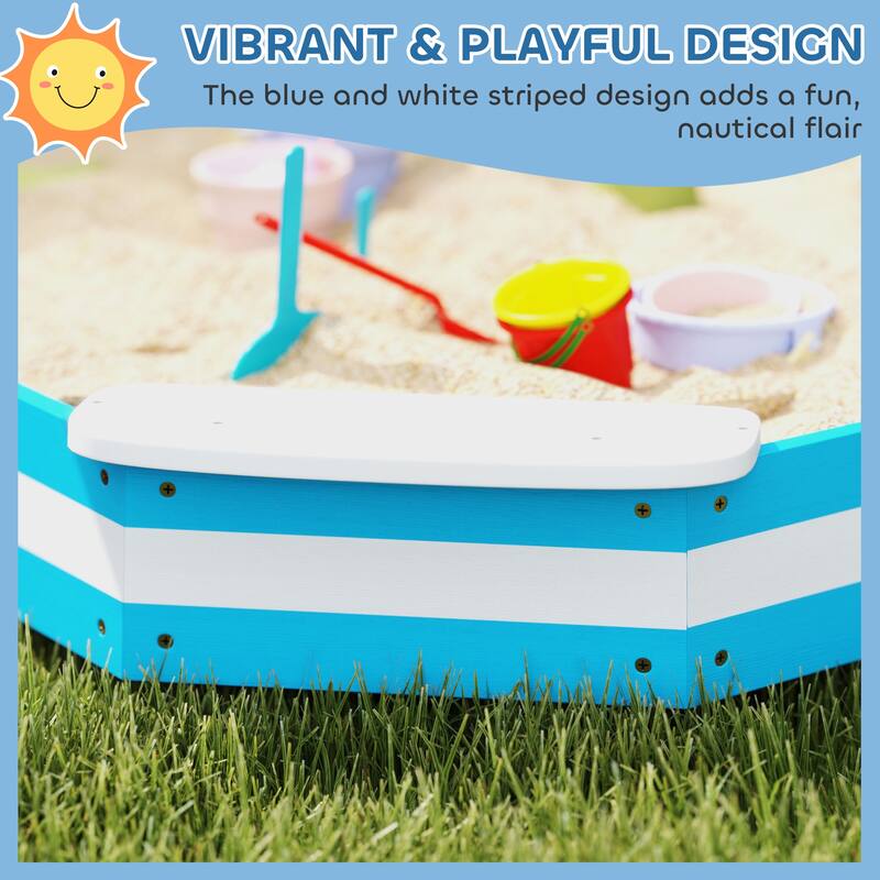 Blue-White Fir Wood Kids Sandbox with Four Seats and Nautical Design - 52.4" L x 52.4" W x 6.3" H