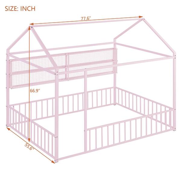 dimension image slide 3 of 4, Metal Bed House Bed Frame with Fence and Shelves